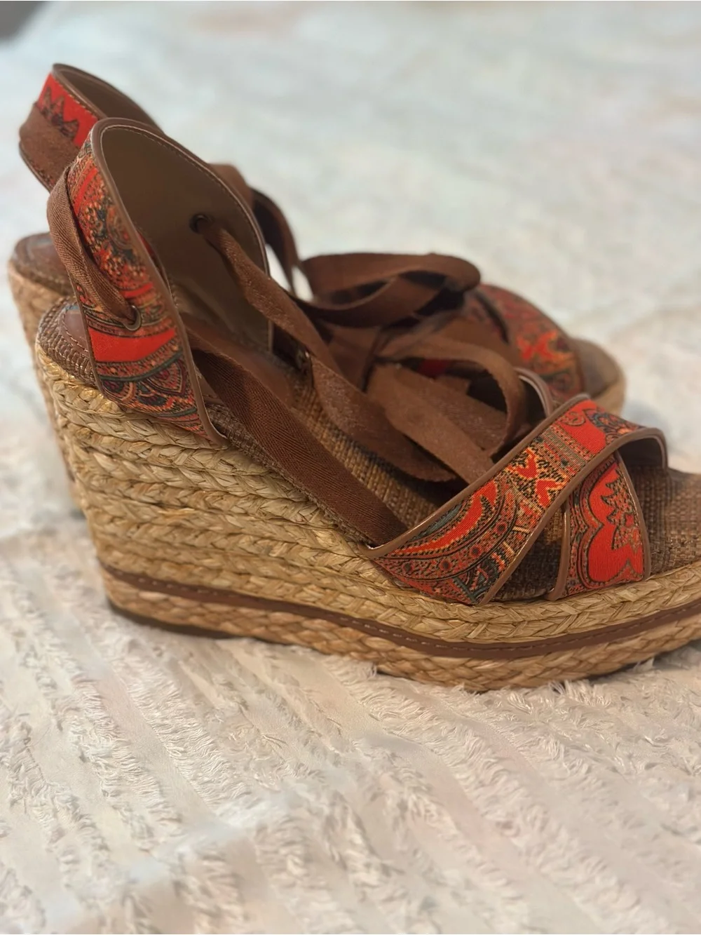 Sam Edelman Brown Ankle-Tie Wedge Sandals with Red Patterned Straps